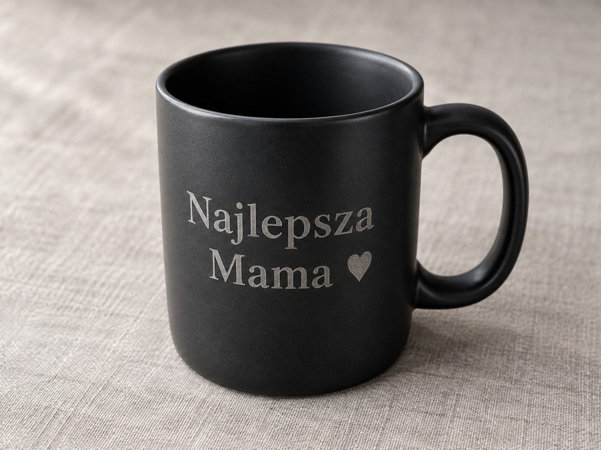 Wizualizacja: Grawer „Najlepsza Mama” na czarnym ceramicznym kubku