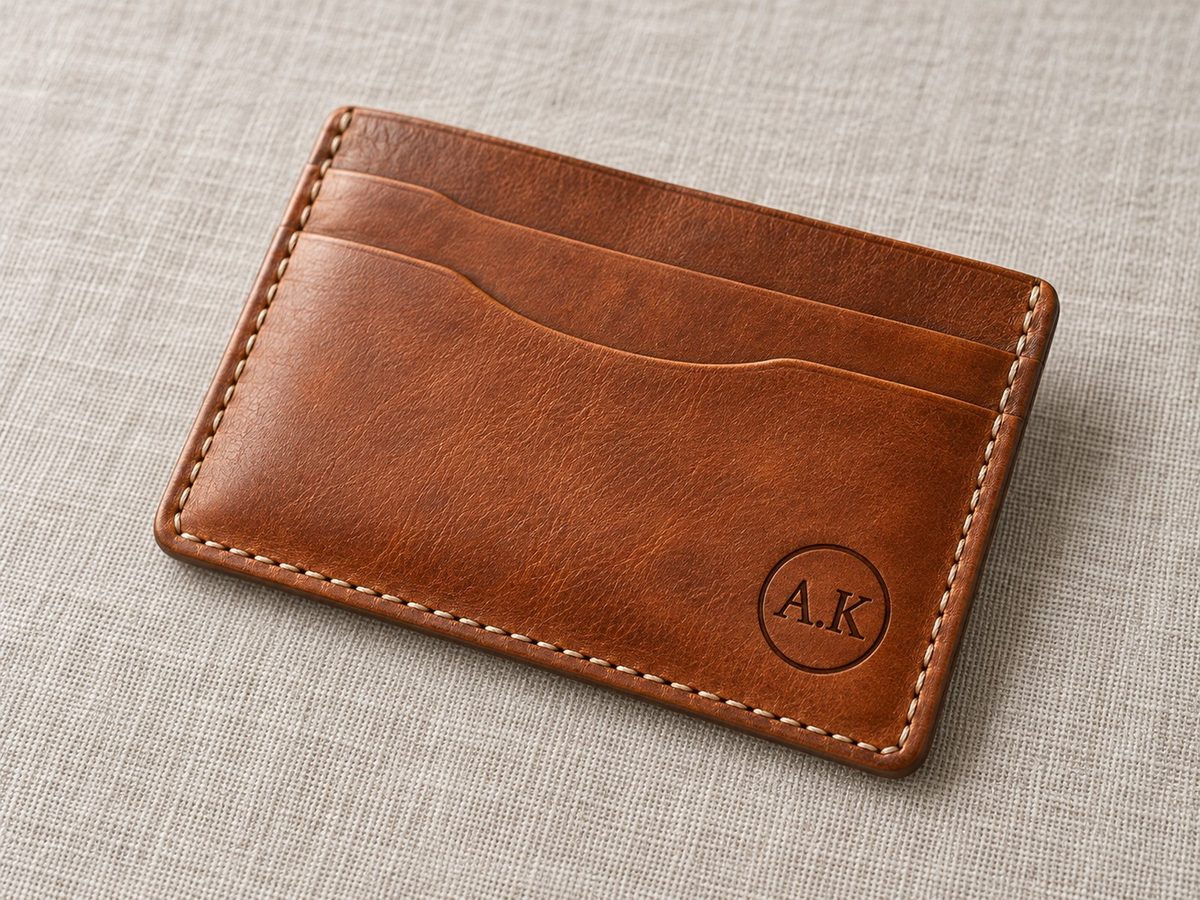 Wizualizacja: Monogram A.K wygrawerowany na skórzanym etui na karty