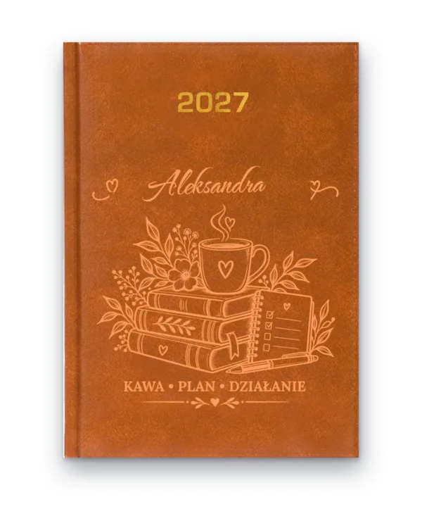 Kalendarz książkowy BALADEK 2027 z grawerem: Imię + książki i kawa — Kawa • plan • działanie