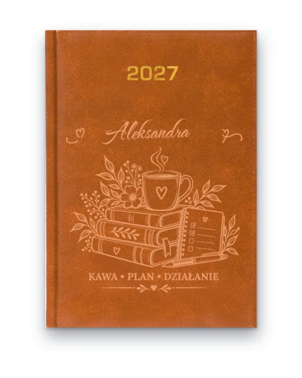 Kalendarz książkowy BALADEK 2027 z grawerem: Imię + książki i kawa — Kawa • plan • działanie
