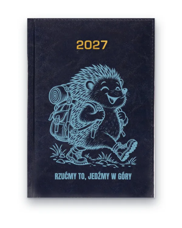 Kalendarz książkowy BALADEK 2027 z grawerem: Jeż z plecakiem — Rzućmy to, jedźmy w góry