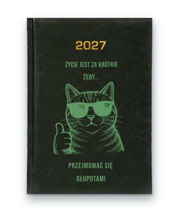 Kalendarz książkowy BALADEK 2027 z grawerem: Kot w okularach — Życie jest za krótkie