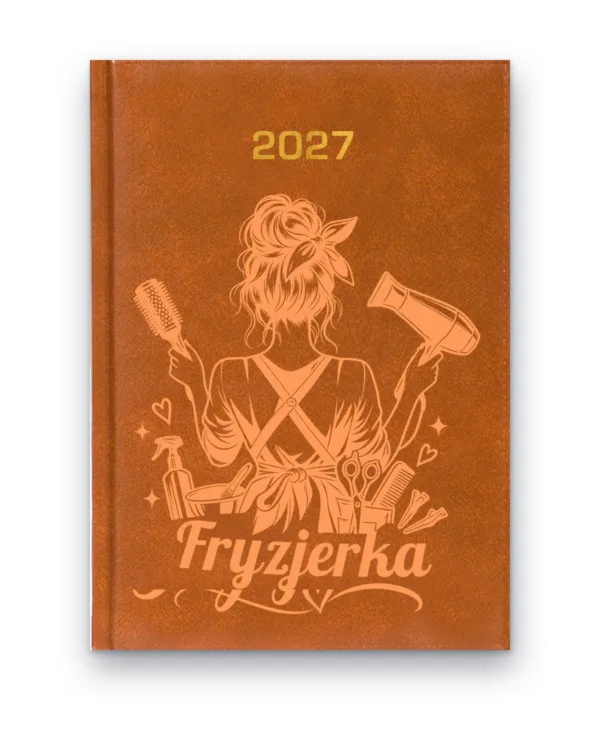 Kalendarz książkowy BALADEK 2027 z grawerem: Fryzjerka z suszarką i nożyczkami