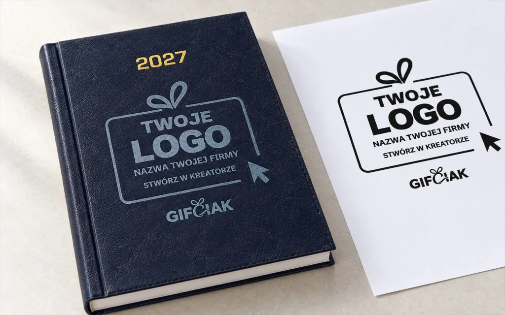 Granatowy kalendarz 2027 z wygrawerowanym motywem „Twoje logo” obok wydruku tego samego logo czarnymi liniami (wizualizacja)