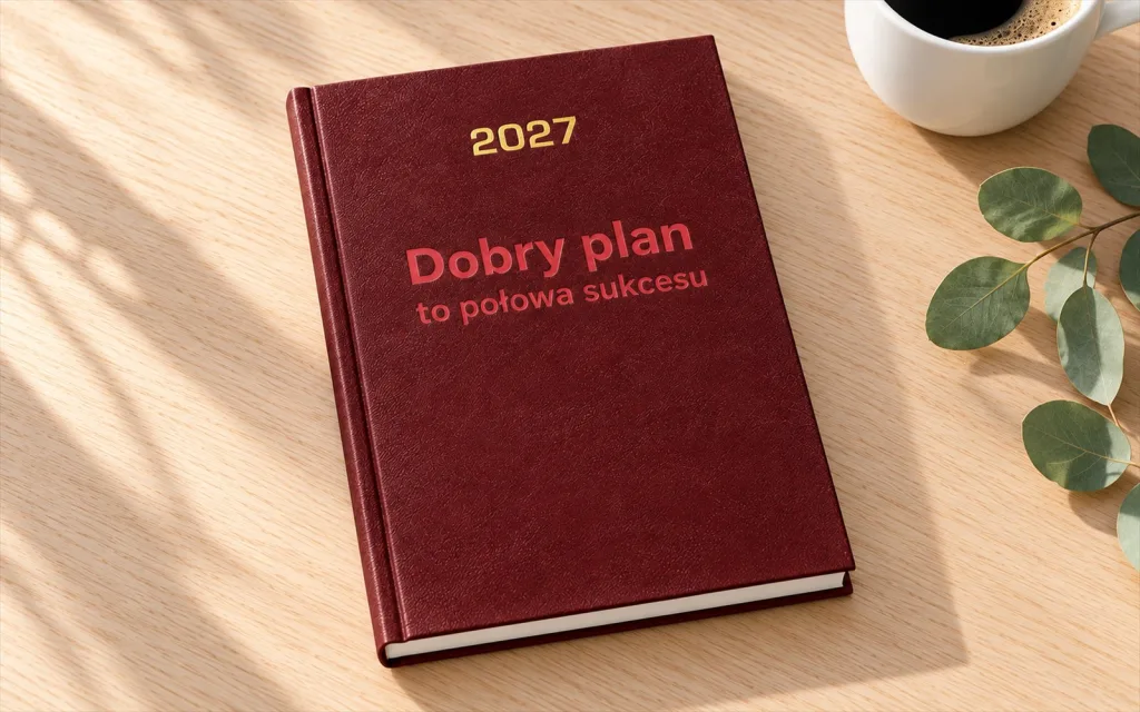 Bordowy kalendarz 2027 z grawerem napisu „Dobry plan to połowa sukcesu” na jasnym biurku (wizualizacja)