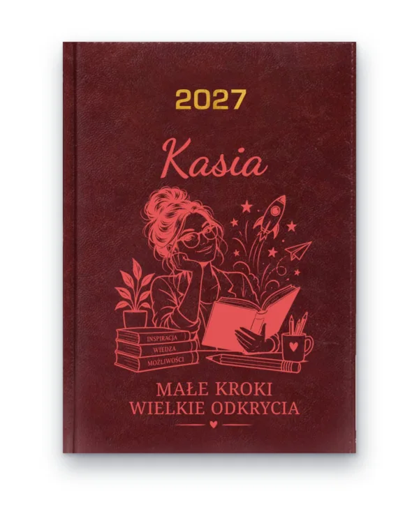Kalendarz książkowy BALADEK 2027 z grawerem: Imię + kobieta z książką — Małe kroki, wielkie odkrycia