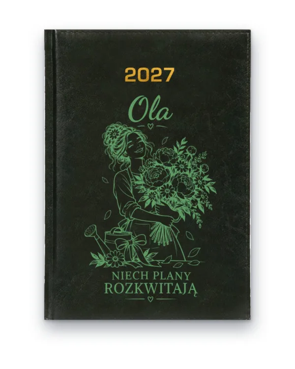 Kalendarz książkowy BALADEK 2027 z grawerem: Imię + kobieta z kwiatami — Niech plany rozkwitają
