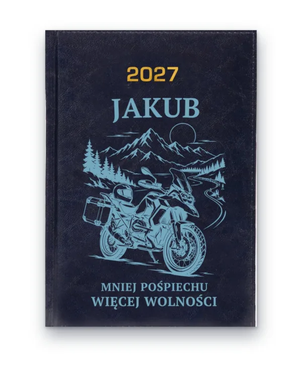 Kalendarz książkowy BALADEK 2027 z grawerem: Imię + motocykl — Mniej pośpiechu, więcej wolności