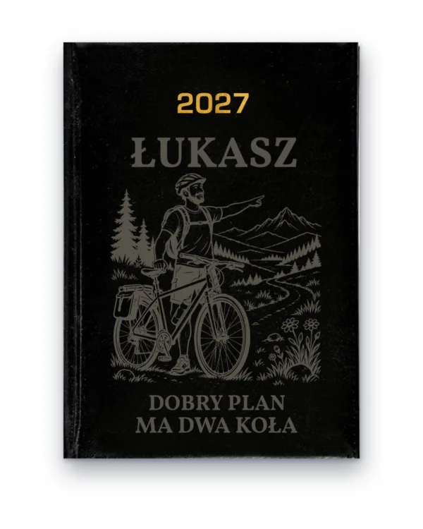 Kalendarz książkowy BALADEK 2027 z grawerem: Imię + rowerzysta — Dobry plan ma dwa koła