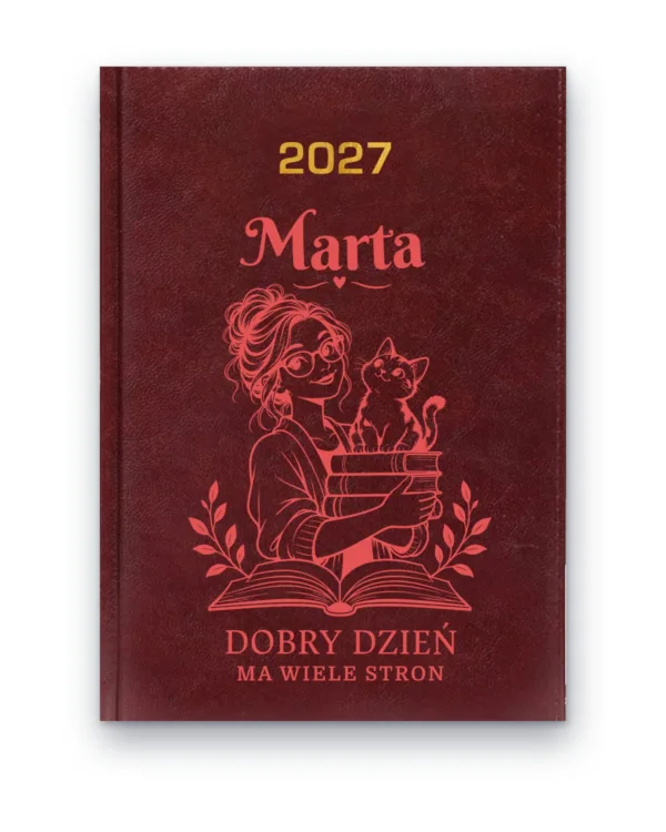 Kalendarz książkowy BALADEK 2027 z grawerem: Imię + kobieta z kotem i książkami — Dobry dzień ma wiele stron