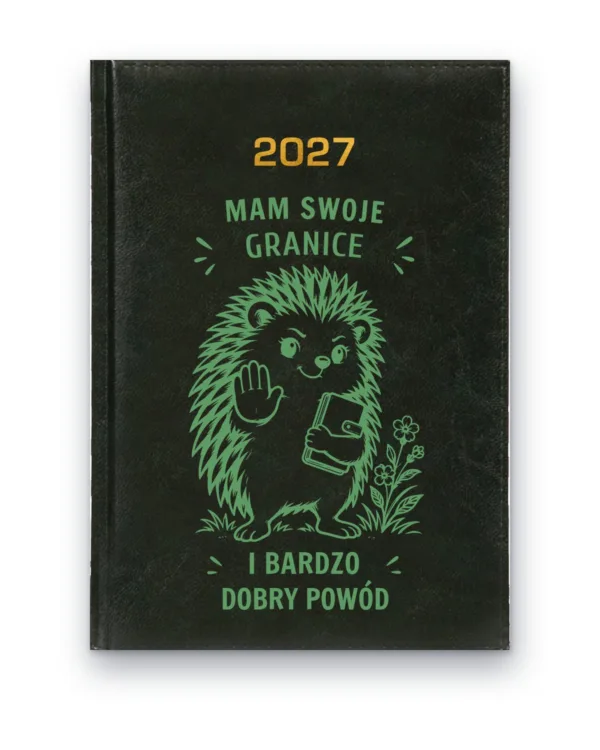 Kalendarz książkowy BALADEK 2027 z grawerem: Jeż z notesem — Mam swoje granice i bardzo dobry powód