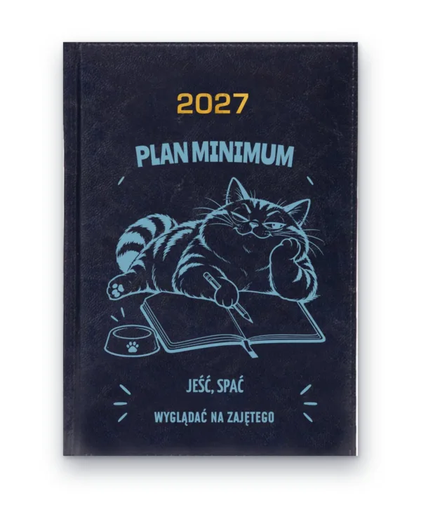 Kalendarz książkowy BALADEK 2027 z grawerem: Kot na kalendarzu — Plan minimum: wyglądać na zajętego