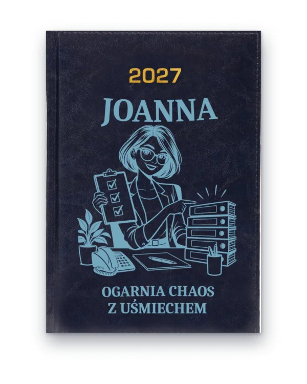 Kalendarz książkowy BALADEK 2027 z grawerem: Imię + kobieta w biurze — Ogarnia chaos z uśmiechem
