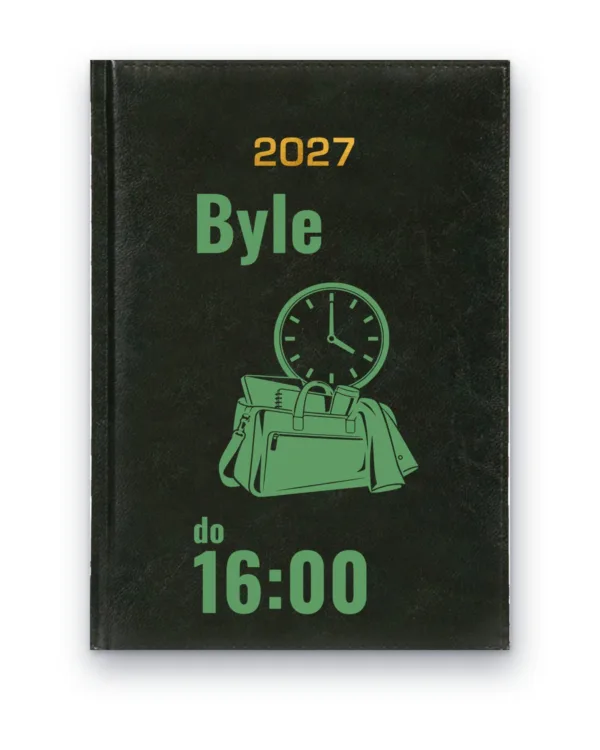 Kalendarz książkowy BALADEK 2027 z grawerem: Zegar i torba — Byle do 16:00