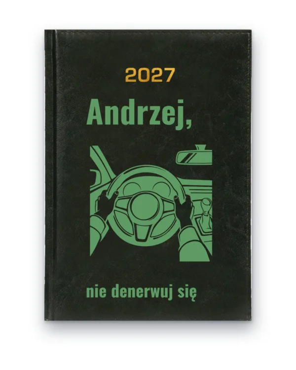 Kalendarz książkowy BALADEK 2027 z grawerem: Kierownica w samochodzie — Andrzej, nie denerwuj się