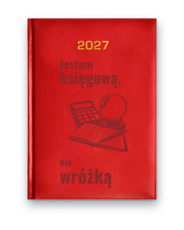 Kalendarz książkowy BALADEK 2027 z grawerem: Kalkulator i szklana kula — Jestem księgową, nie wróżką