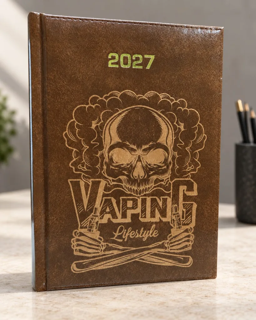 Brązowy kalendarz 2027 z grafiką czaszki w chmurze dymu i napisem Vaping Lifestyle na jasnym blacie, aranżacja.