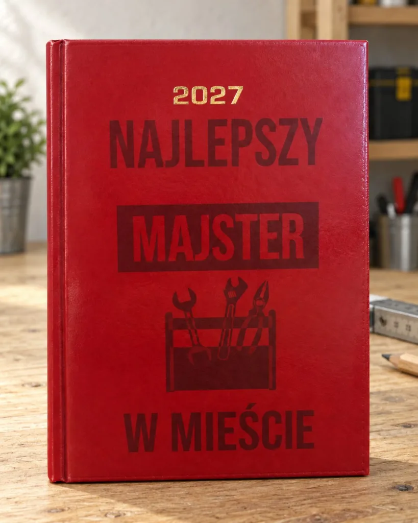 Czerwony kalendarz 2027 z napisem Najlepszy Majster w Mieście i skrzynką z narzędziami na stole w warsztacie, aranżacja.