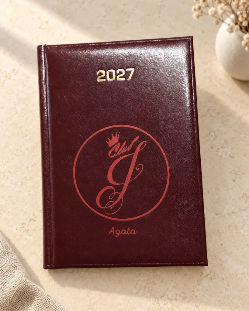 Bordowy kalendarz 2027 z monogramem w okręgu i imieniem Agata na jasnym blacie, aranżacja.