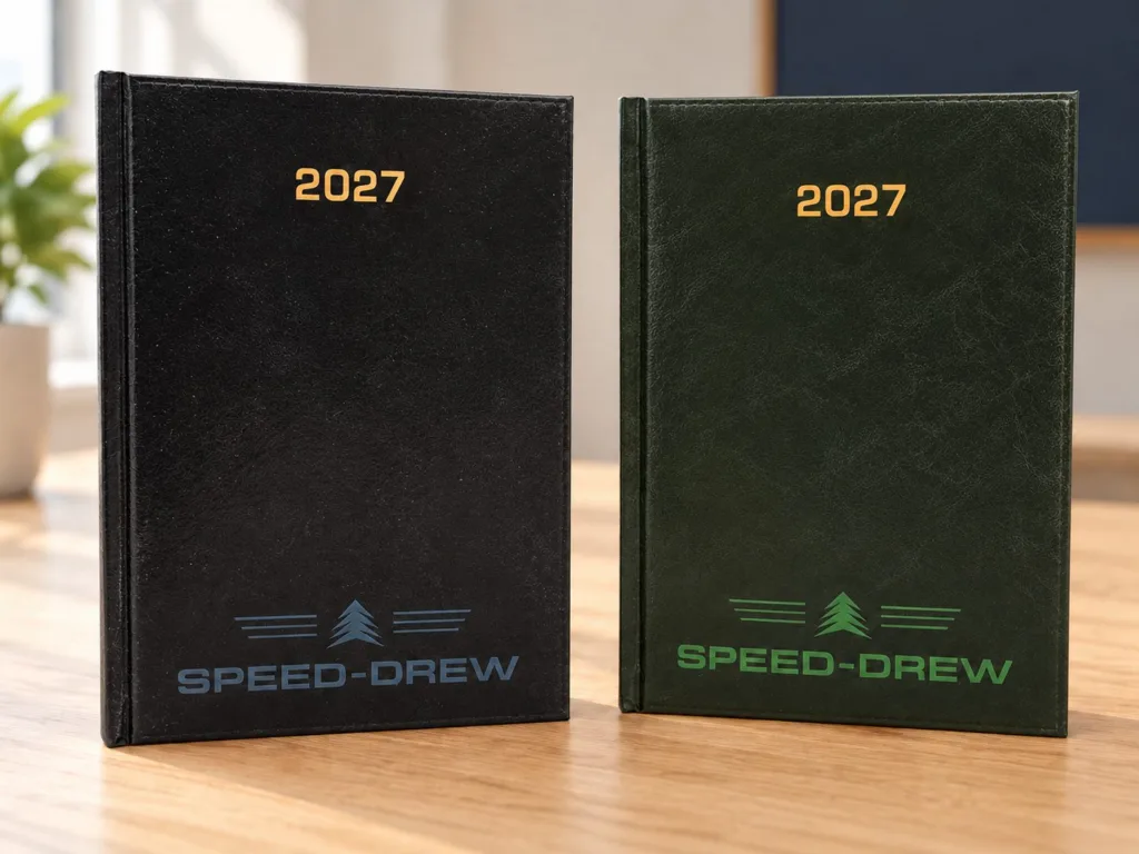Czarny i zielony kalendarz 2027 z logo SPEED-DREW na drewnianym stole, aranżacja.