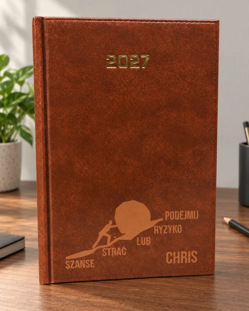 Brązowy kalendarz 2027 z grafiką postaci pchającej głaz, hasłem Podejmij ryzyko lub strać szanse i imieniem Chris, aranżacja.