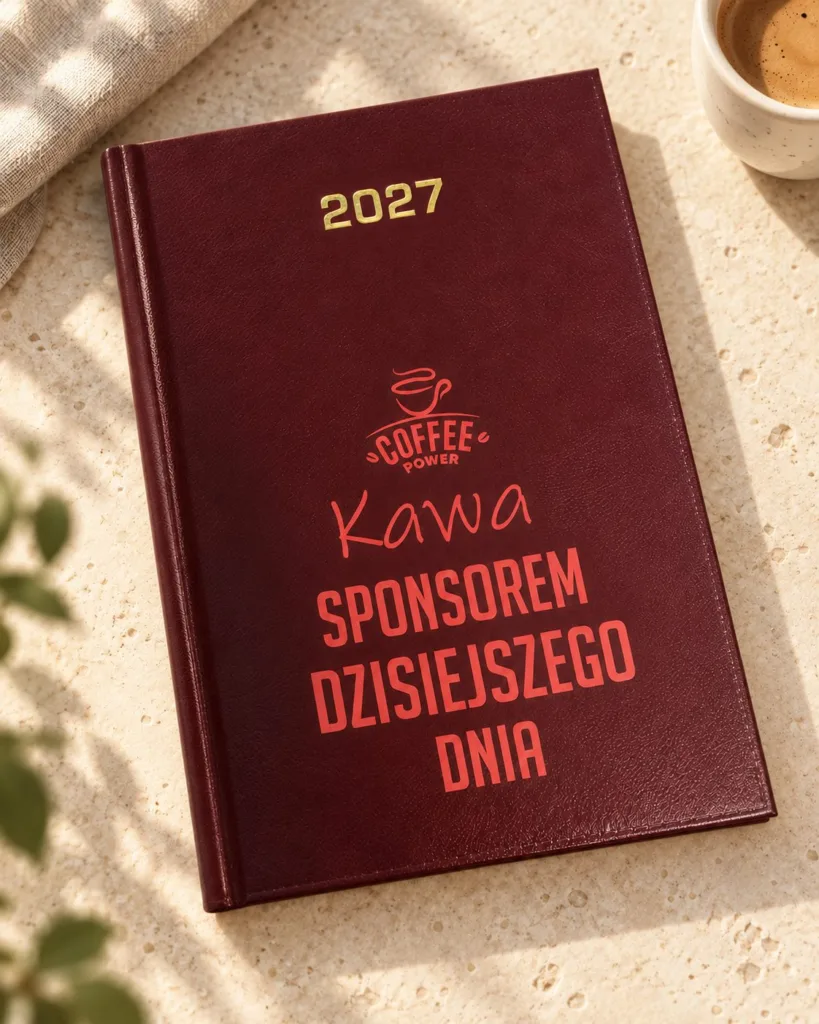 Bordowy kalendarz 2027 z napisem Kawa sponsorem dzisiejszego dnia na jasnym blacie obok filiżanki kawy, aranżacja.