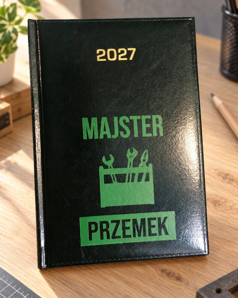 Zielony kalendarz 2027 z napisem Majster Przemek i skrzynką z narzędziami na drewnianym stole, aranżacja.