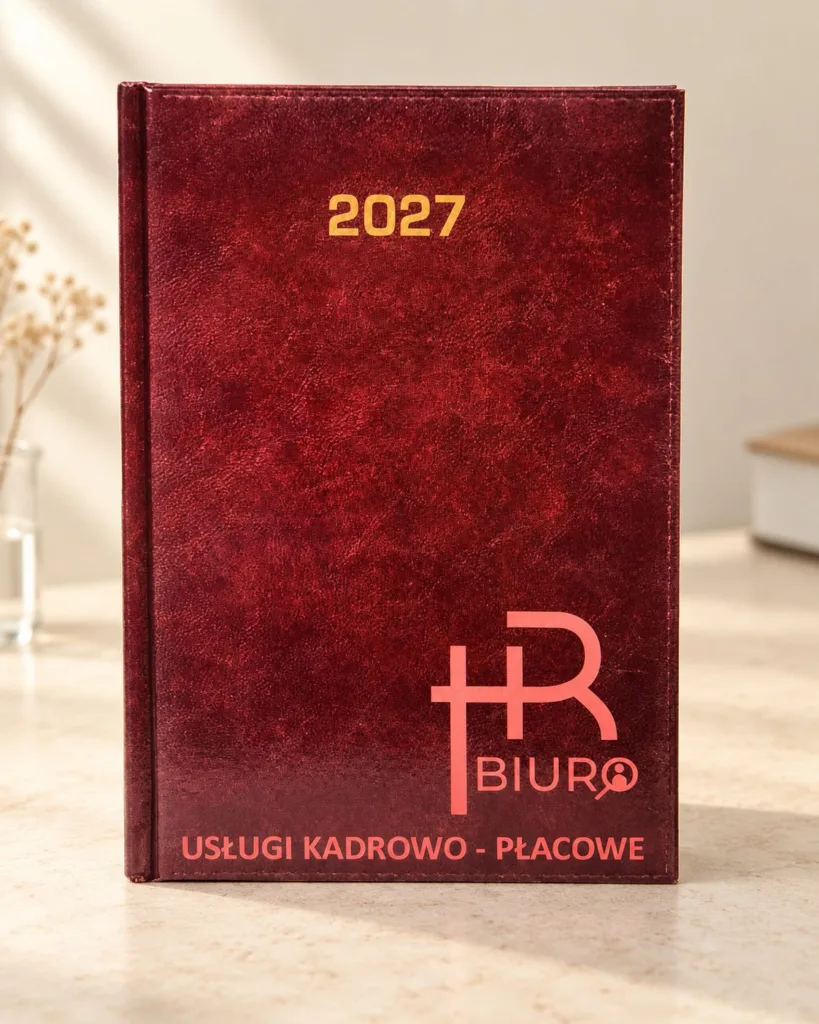 Bordowy kalendarz 2027 z logo HR BIURO i napisem Usługi kadrowo-płacowe, aranżacja.
