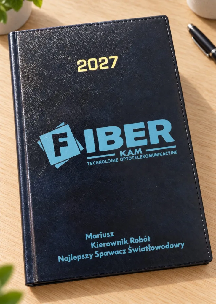 Granatowy kalendarz 2027 z logo FIBER KAM, imieniem Mariusz i opisem stanowiska na drewnianym stole, aranżacja.